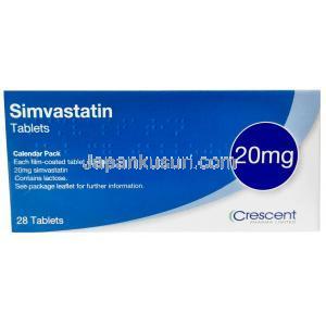 クレッセントファーマ製シンバスタチン,シンバスタチン 20mg, 製造元：Crescent Pharma, 箱表面