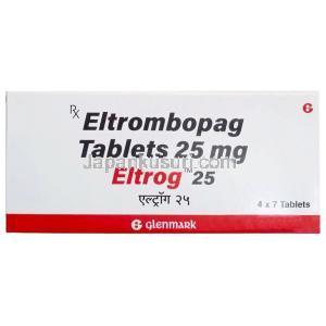 エルトログ 25, エルトロンボパグ 25 mg, 製造元：Glenmark Pharmaceuticals, 箱表面