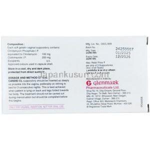 カンディッド CL 膣坐薬, クリンダマイシン 100mg/ クロトリマゾール 200mg, 膣坐薬 3錠, 製造元： Glenmark Pharmaceuticals, 箱情報