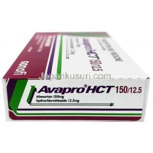 アバプロ HCT, イベルサルタン150 mg/ ヒドロクロロチアジド 12.5 mg, 製造元：ブリストル・マイヤーズ スクイブ, 箱側面