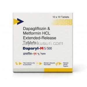 ダパリル-M, ダパグリフロジン 5mg/ メトホルミン 500mg,製造元： Intas Pharma, 箱表面