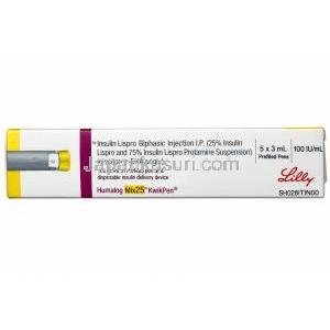 Humalog Mix25 KwikPen, Insulin Lispro Biphasic Injection 100 IU/mL Box side view