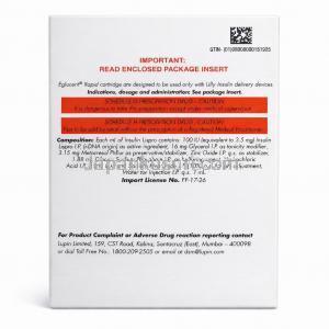 Eglucent Rapid, Insulin Lispro Injection 100 IU/mL Cartridge info Back view