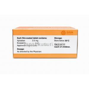 アピキサバン 2.5mg 100錠, エリキュース ジェネリック, 箱詳細