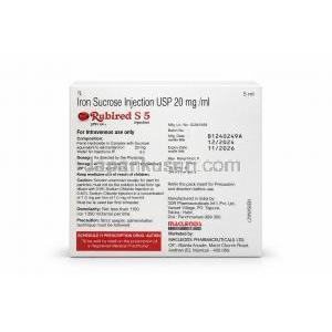 ルビレッドS 5注射,スクロース鉄, 20mg, アンプル 5 mL, 製造元：Macleods Pharmaceuticals, 箱情報