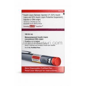 ヒューマログ ミックス 50 クイックペン, Insulin インスリンリスプロ 100 IU/mL(50/50),ペン注射 5 X 3mL, 製造元：Eli Lilly, 箱表面