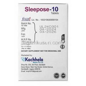 スリーポーズ, メラトニン 10 mg, 製造元：Kachhela Medex, 箱情報