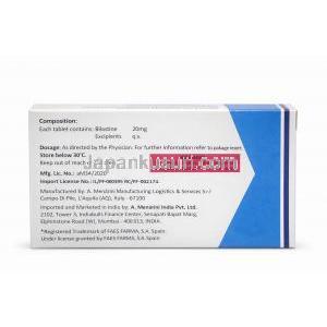 ビラクステン, ビラスチン  20 mg, 箱裏面