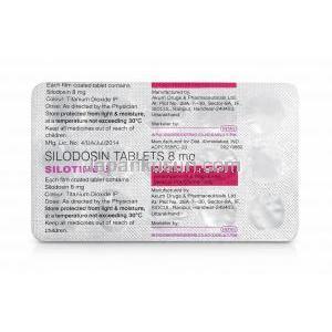 シロタイム 8, シロドシン8 mg,フィルムコーティング錠, 製造元：Intas Pharmaceuticals Ltd, シート情報