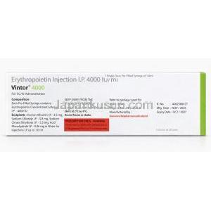 ビントル 注射, ヒト組み換え型エリスロポエチン・アルファ 4000 IU, 4000IU 1 ml x 1 注射 販売元：Emcure Pharma, 箱情報