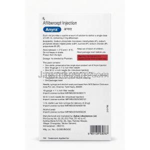 アニラ 眼球内注射, アフリベルセプト 2 mg/ 0.05 mL, バイアル, 製造元：Zydus Cadila, 箱情報