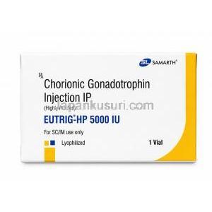 ユートリグHP注射, ヒト絨毛性ゴナドトロピン (hCG) 5000 IU, バイアル, 製造元：Samarth Life Sciences Pvt Ltd, 箱表面
