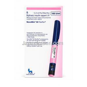 ノボミックス フレックスペン型注射,インスリン アスパルト 3.5 mg/mL,ペン型注射 3mL, 製造元：Novo Nordisk India, 箱表面