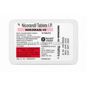 ニコラン 10, ニコランジル 10 mg, 20錠,製造元：Torrent Pharmaceuticals Ltd,ボトル包装裏面