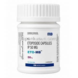 ETO-MB, エトポシド 50 mg, 8 カプセル, 製造元：Medicamen Biotech Ltd, ボトル表面