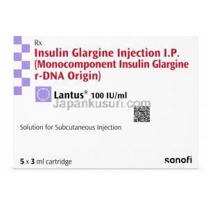 ランタス 注射液, インスリン グラルジン (遺伝子組換え）1mLあたり100 IU ,注射液 3 mL, 製造元：Sanofi India, 箱表面