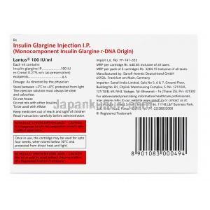 ランタス 注射液, インスリン グラルジン (遺伝子組換え）1mLあたり100 IU ,注射液 3 mL, 製造元：Sanofi India, 箱情報