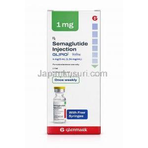 グリピック注射, セマグルチド 4 mg 3 mL (1.34mgmL), バイアル, 製造元：Glenmark Pharmaceuticals, 箱表面