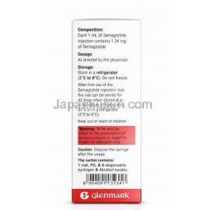 グリピック注射, セマグルチド 4 mg 3 mL (1.34mgmL), バイアル, 製造元：Glenmark Pharmaceuticals, 箱情報, 注意事項
