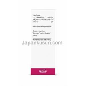 エストジェル, エストラジオール 0.06% w/w, 製造元: Intas Pharma, 成分・保管方法