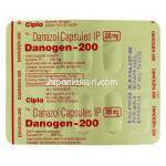 ダノジェン Danogen,  ダノクリン ジェネリック,  ダイナゾール 200mg カプセル (Cipla) 包装裏面