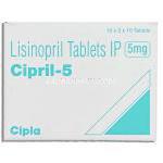 シプリル Cipril, ゼストリル  ジェネリック, リシノプリル Lisinopril  5mg 錠 (Cipla) 箱